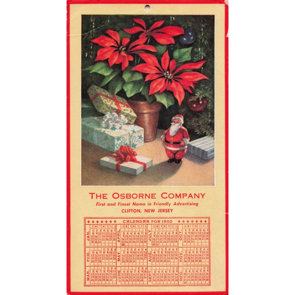 Vintage 1950 Osborne Company Christmas Calendar Santa Poinsettia Clifton NJ - Picture 1 of 2